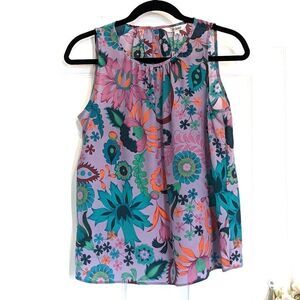 Tucker Shirred Neckline Top Lilac Garden Party in Crepe de Chine Silk Floral